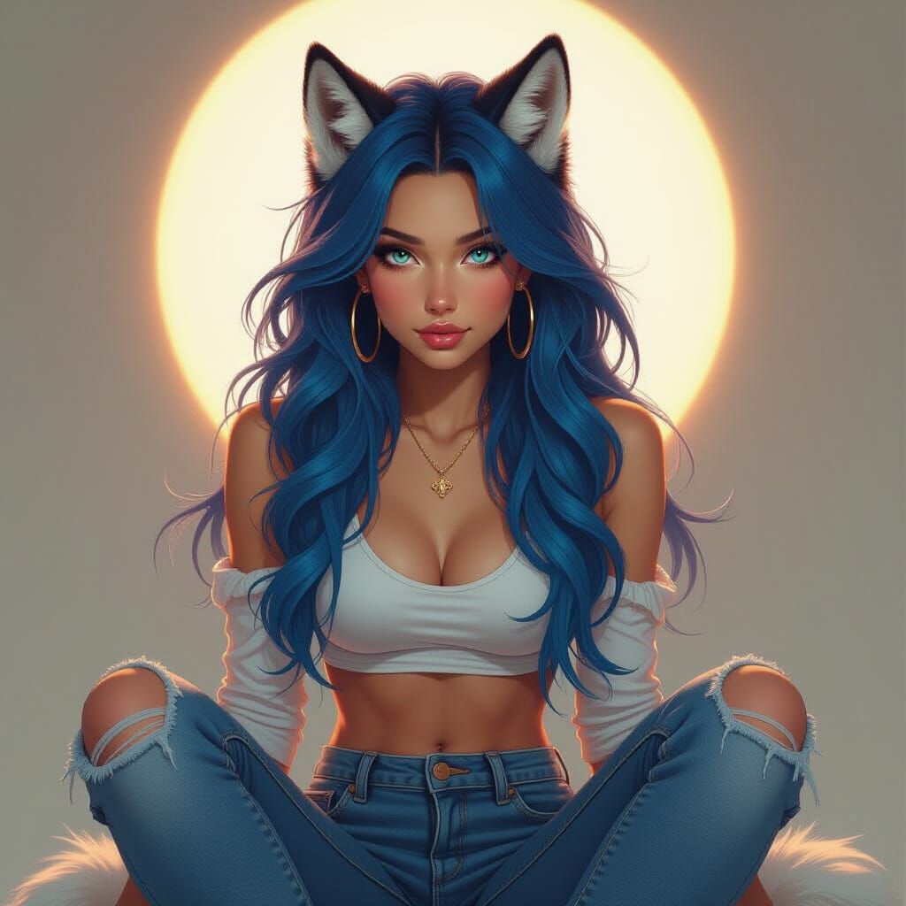 Realistic Digital Painting Of A Blue-Haired Wolf Woman