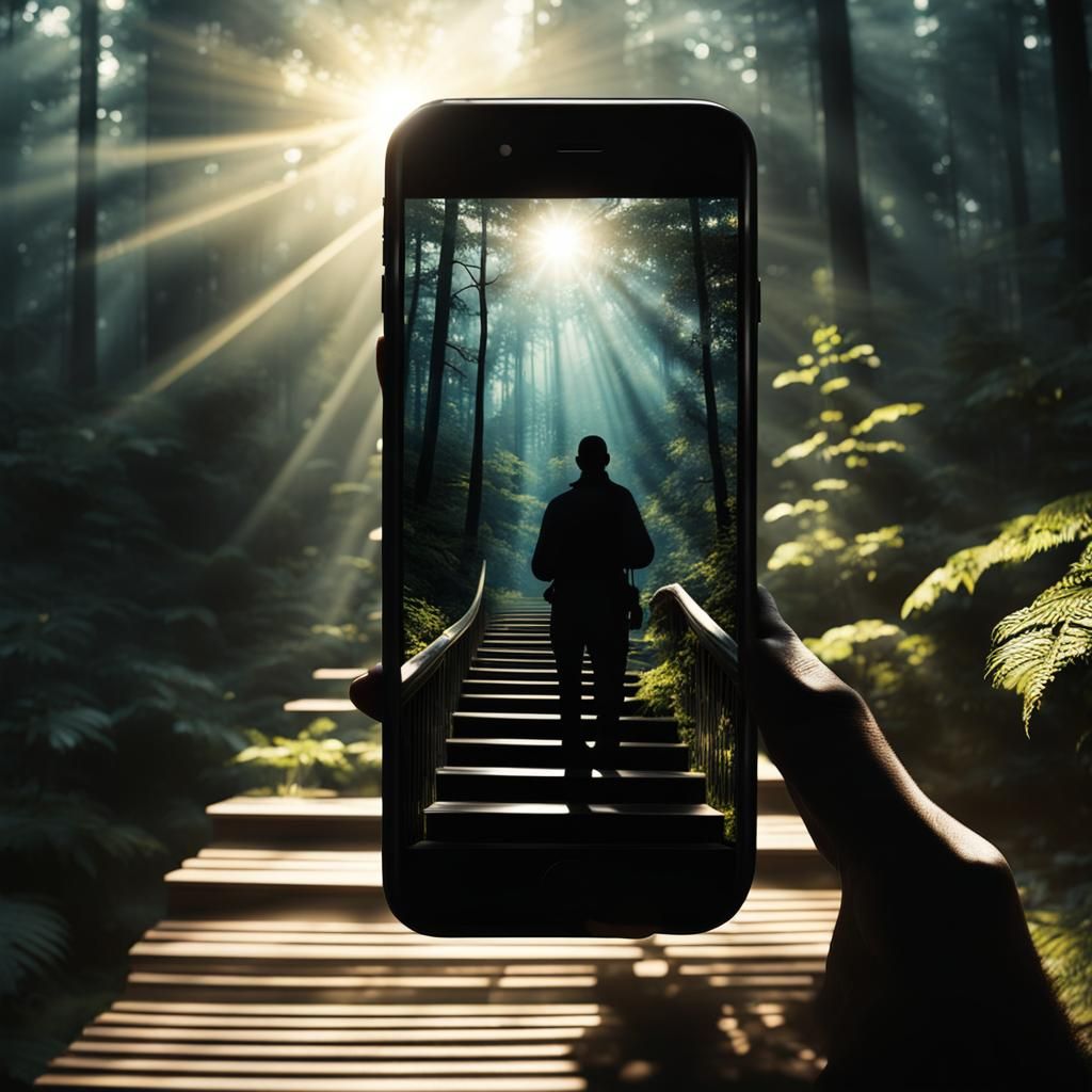 Phone Screen Silhouette: Forest and Sunlight