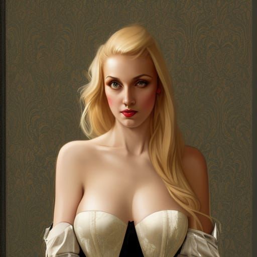 Blonde Woman Portrait with Damask Wallpaper, Detailed Digita...