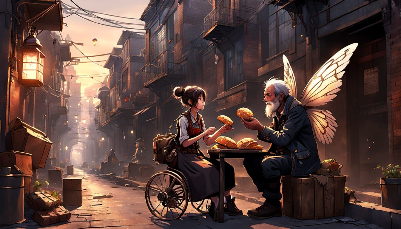 Steampunk Fairy Shares Bread in Dystopian City