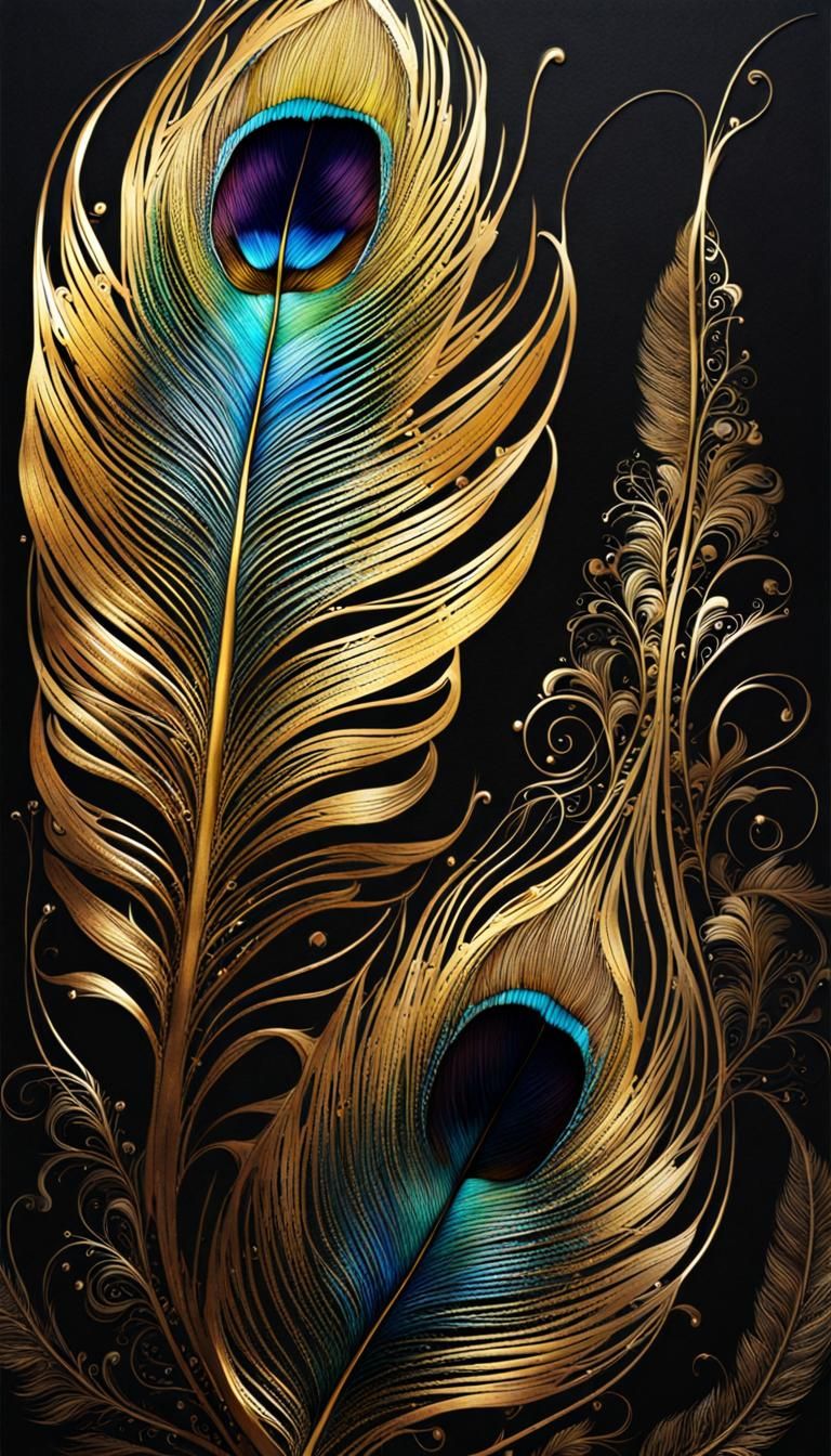 Cosmic Golden Filigree Feather in Vibrant Colors