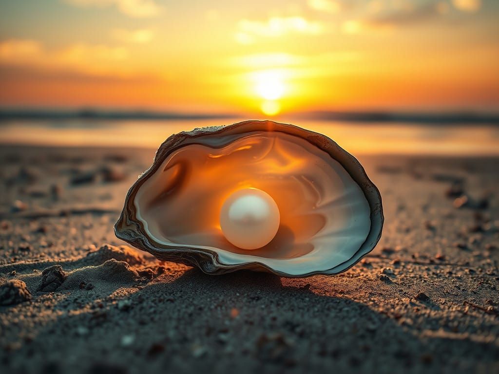Luminous Oyster Cradles Pearl on Weathered Beach at Sunset