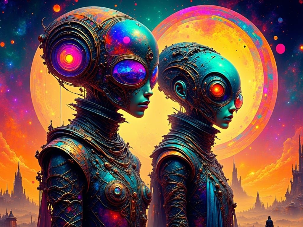 Aliens in Ornate Attire with Volumetric Lighting