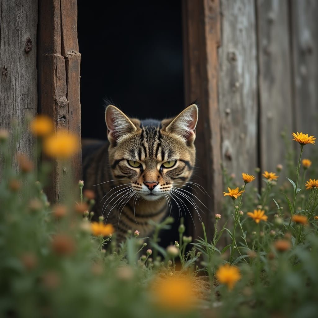 Grumpy Tabby Cat Peeking From Old Door