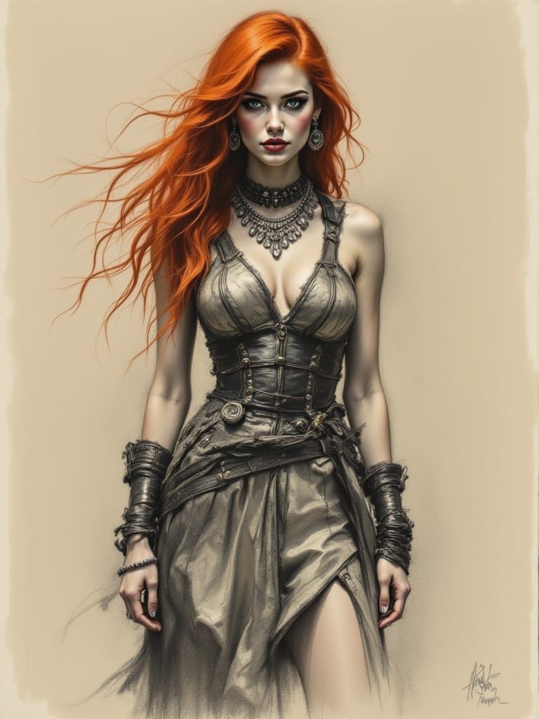 Fierce Warrior Woman in Tribal Armor, Set Against Muted Beig...