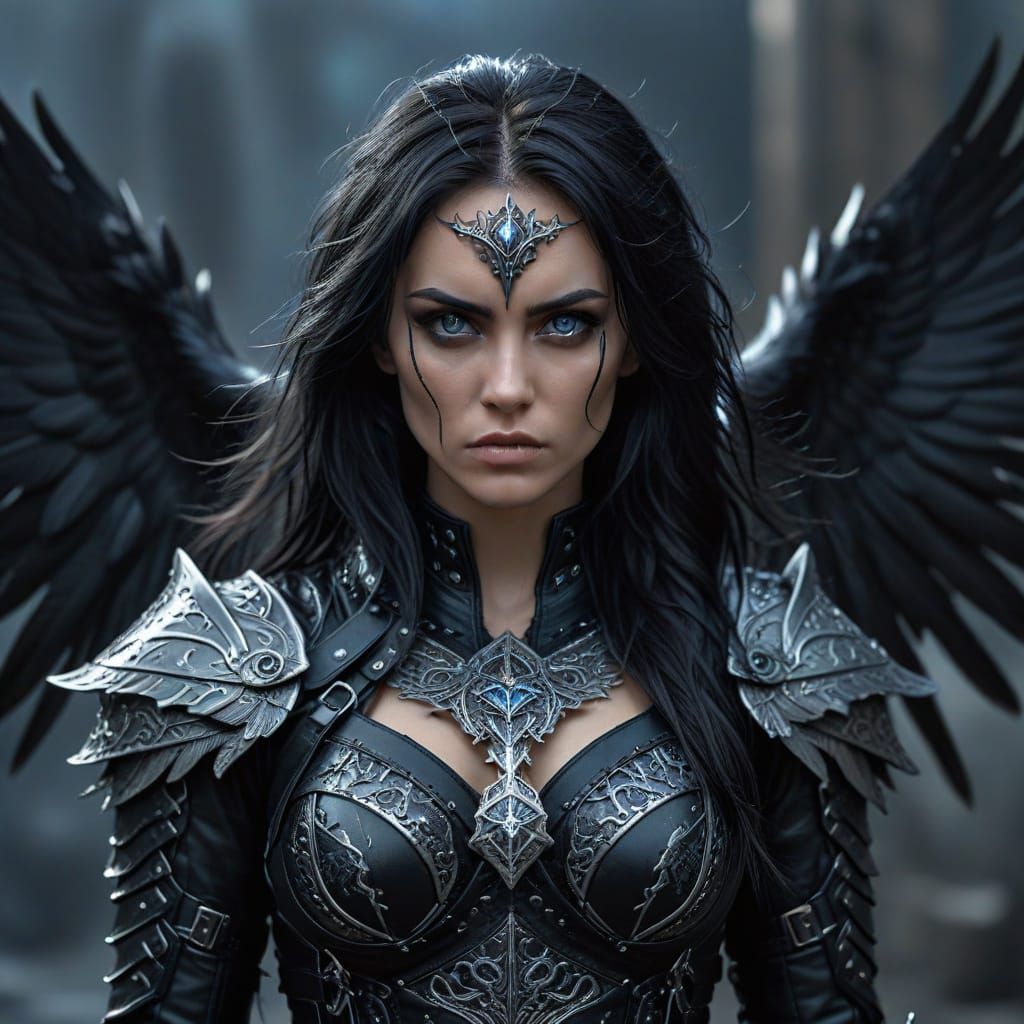Dark Fantasy Valkyrie with Black Wings and Armor