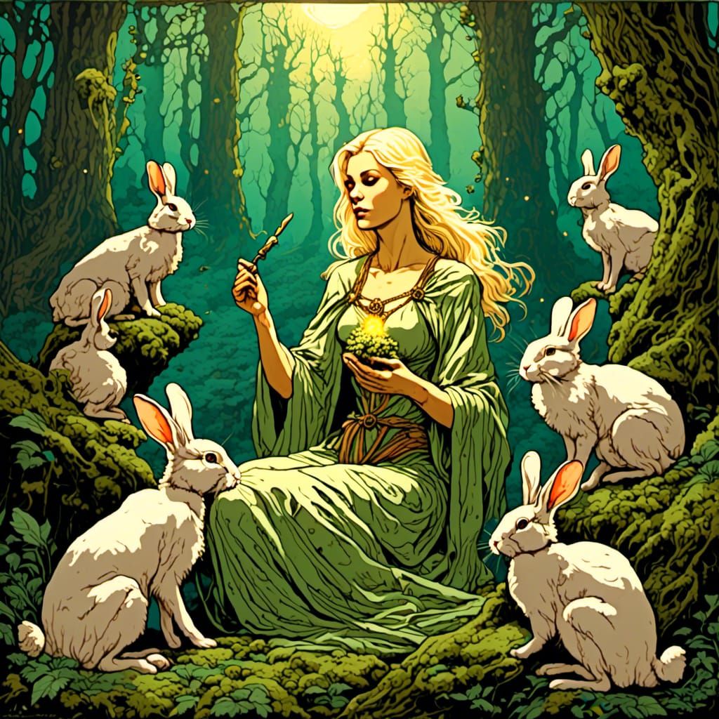 Druid Healing Rabbits in Sunlit Forest, Retro Art