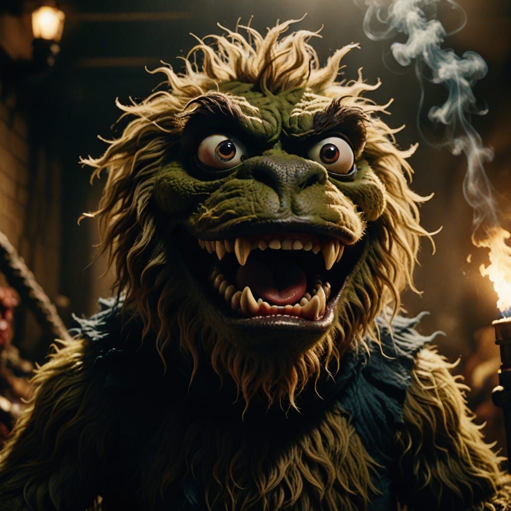 Demonic Monster Muppet in Dark Fantasy Cinematic Style