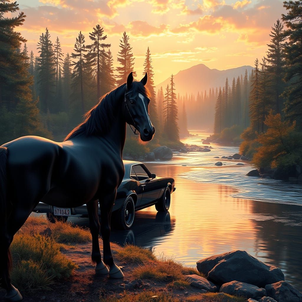 Majestic Equine Encounter Amidst Sunset River Valley in Pine...