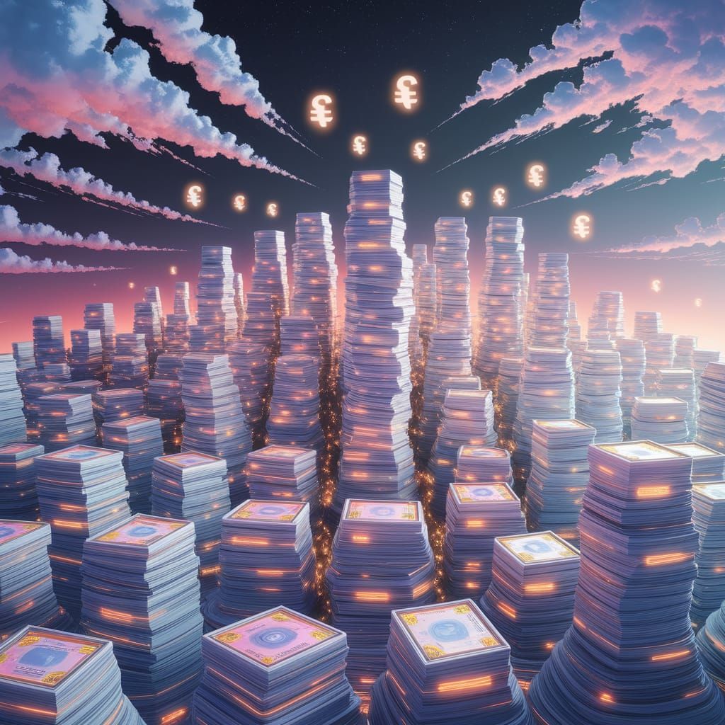 Futuristic City of Money: Luminous Banknotes & Coins