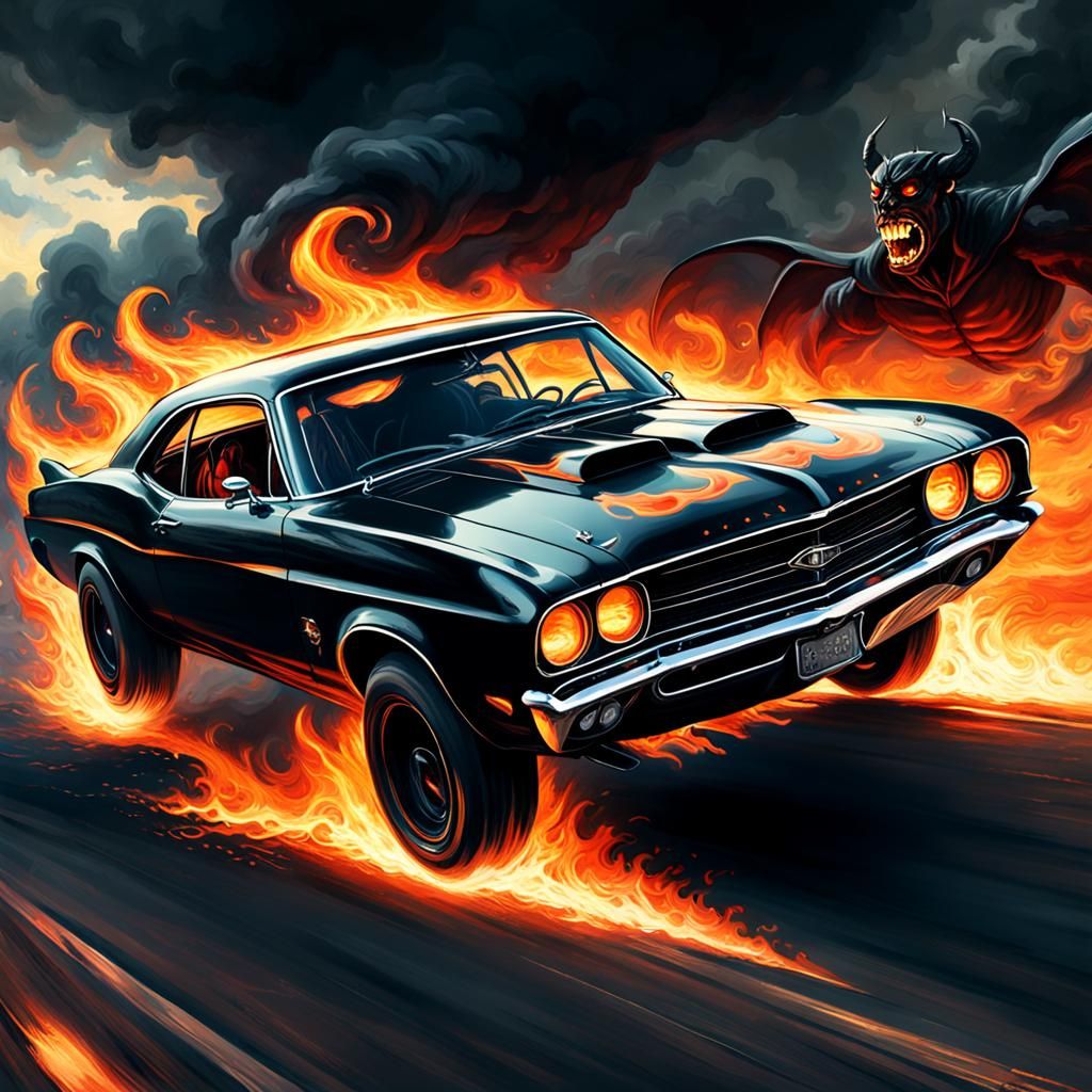 Hellfire Muscle Car in Flight, Gothic Horror Style