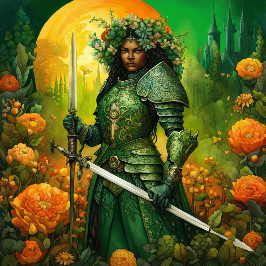 Green Knight with Sword in Alcohol Ink Style