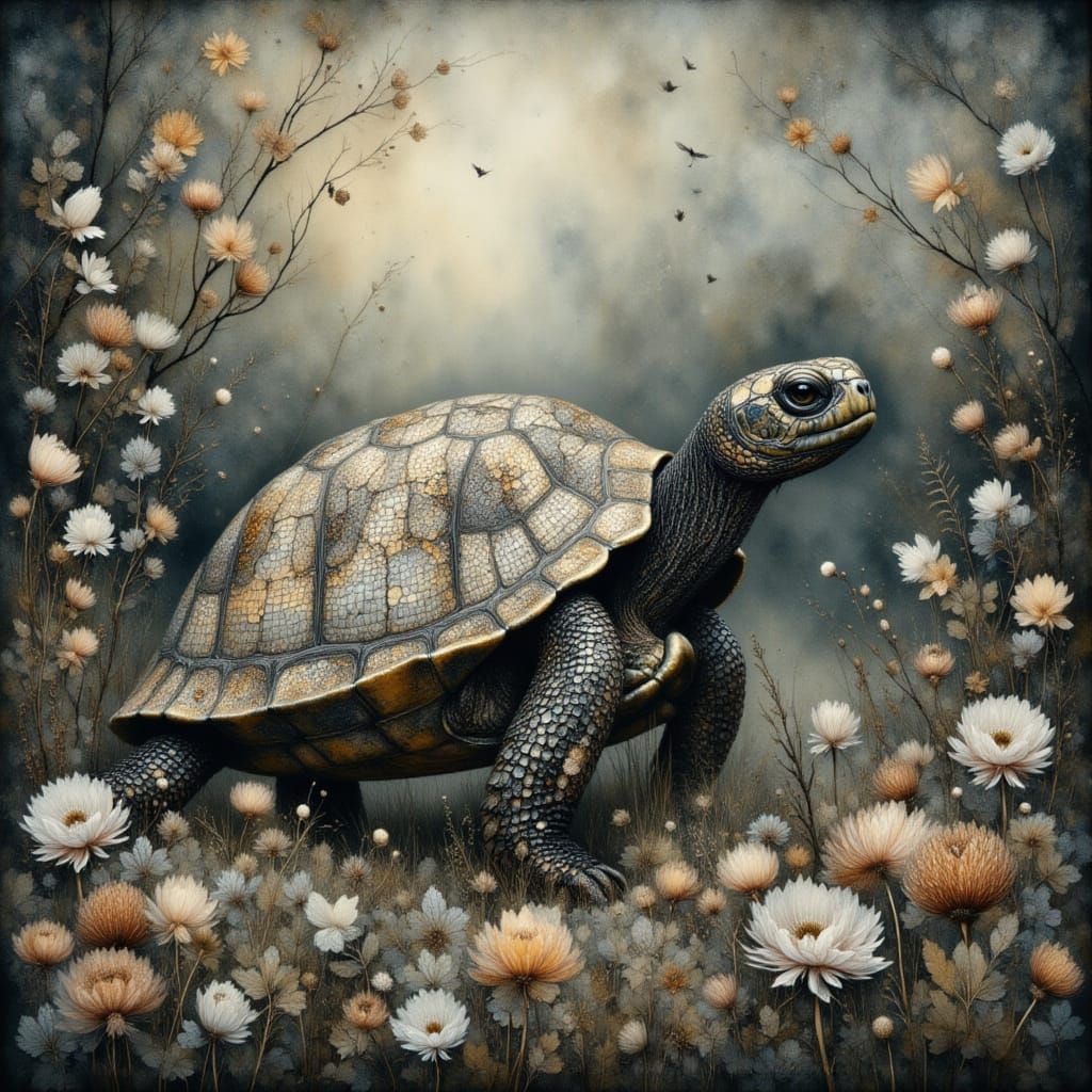 Watercolor Turtle in Misty Night Forest