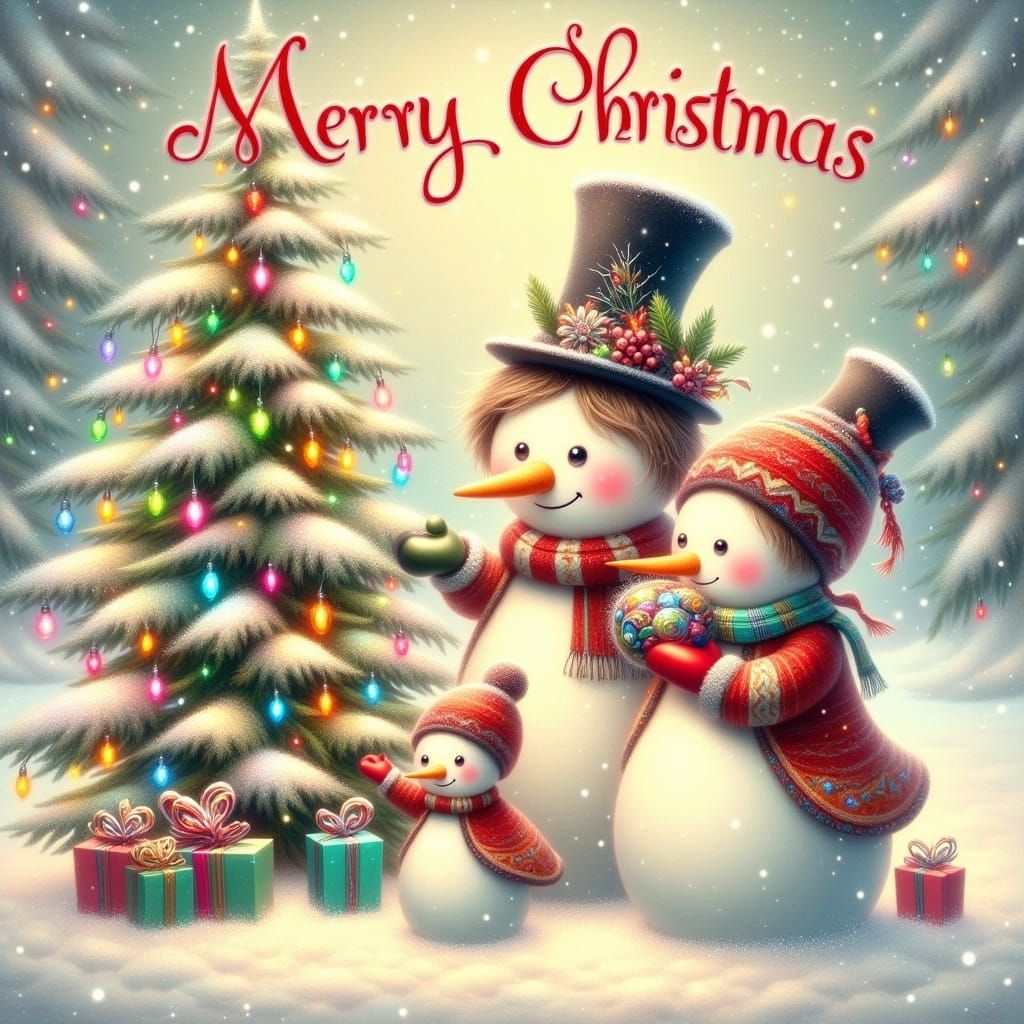 Festive Snow Family Admires Christmas Tree in Winter Wonderl...