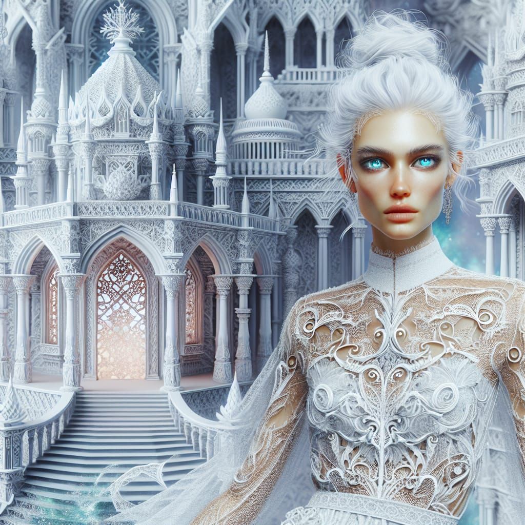 Ethereal Beauty in Lace Dress at Gothic Castle