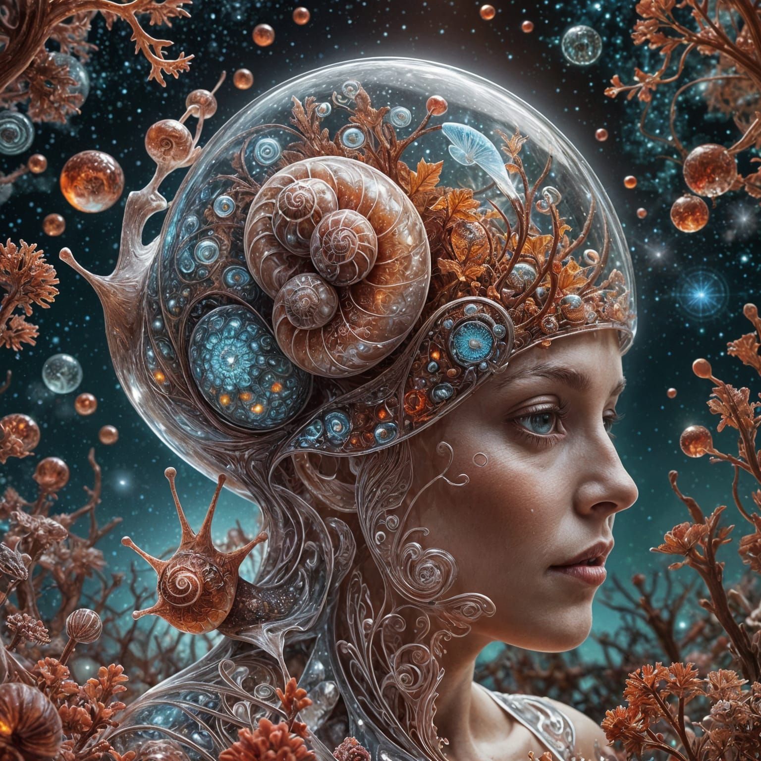 Bioluminescent Fractal Plants in Glass Snail Shell