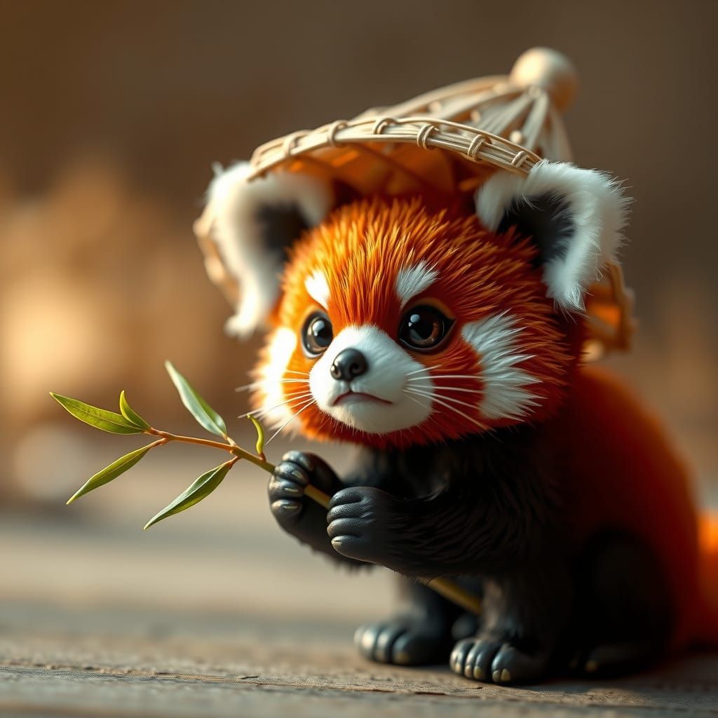Vibrant Red Panda Chibi in Traditional Vietnamese Hat
