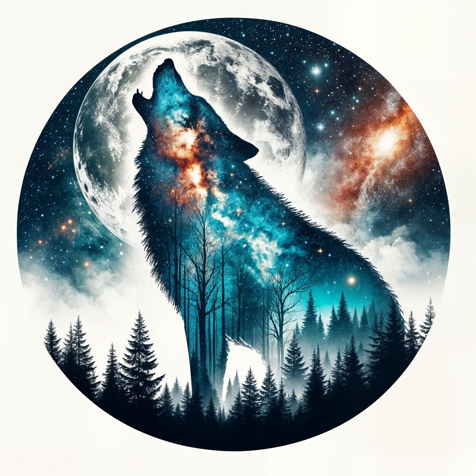 Cosmic Wolf Silhouette in Misty Forest Double Exposure