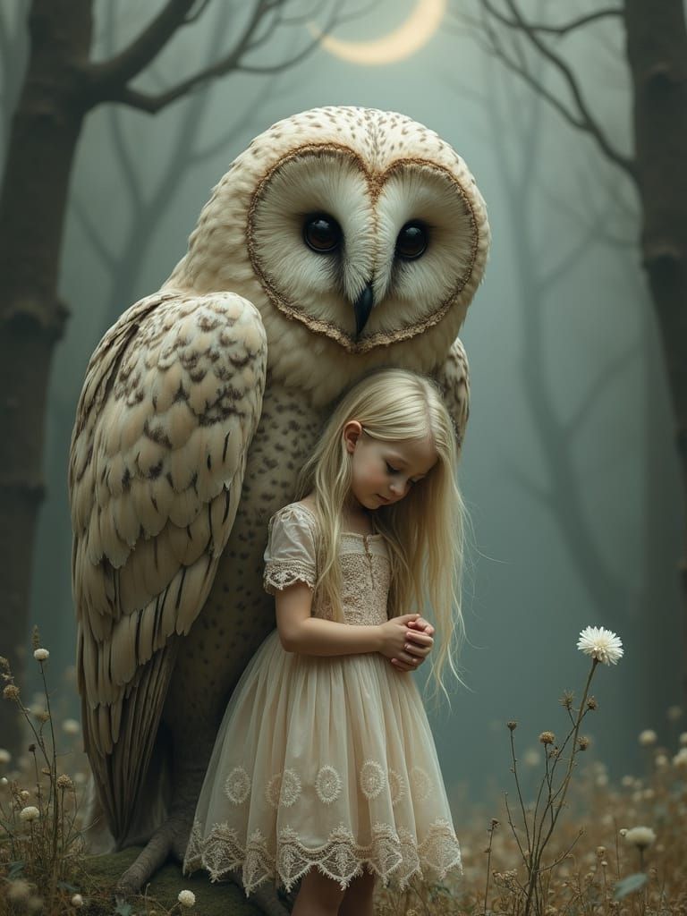 Ethereal Moonlit Scene of a Girl and Owl in a Misty Forest