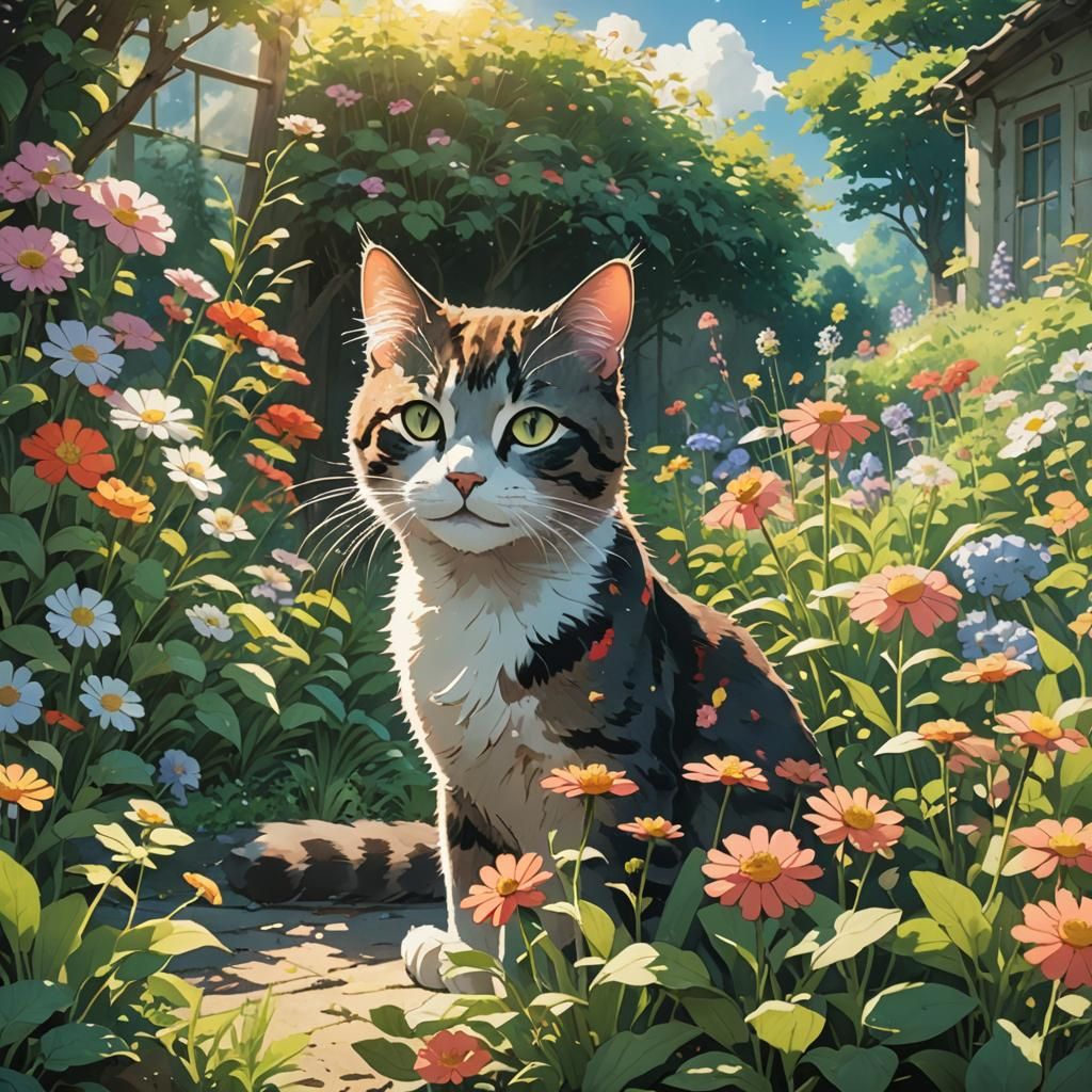 Cat in Flower Garden, Anime Style