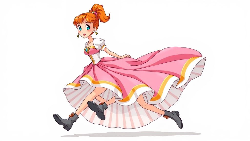 Anime-Style Cartoon: Woman in Pink Gown Running
