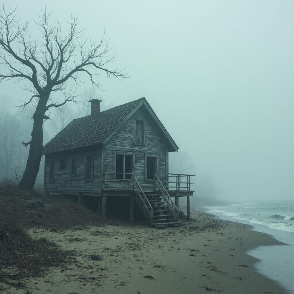 Eerie Beach House in Dark Surrealist Style