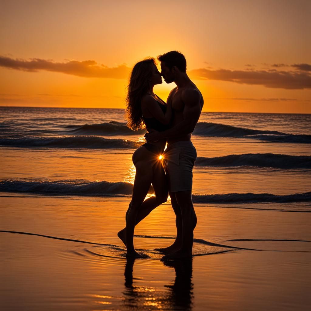 Romantic Sunset Kiss on a Picturesque Beach
