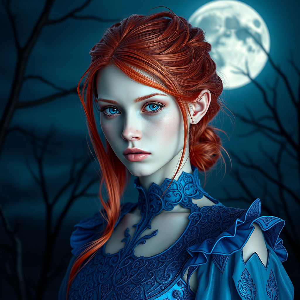 Albino Model in Blue Dress Under Full Moon