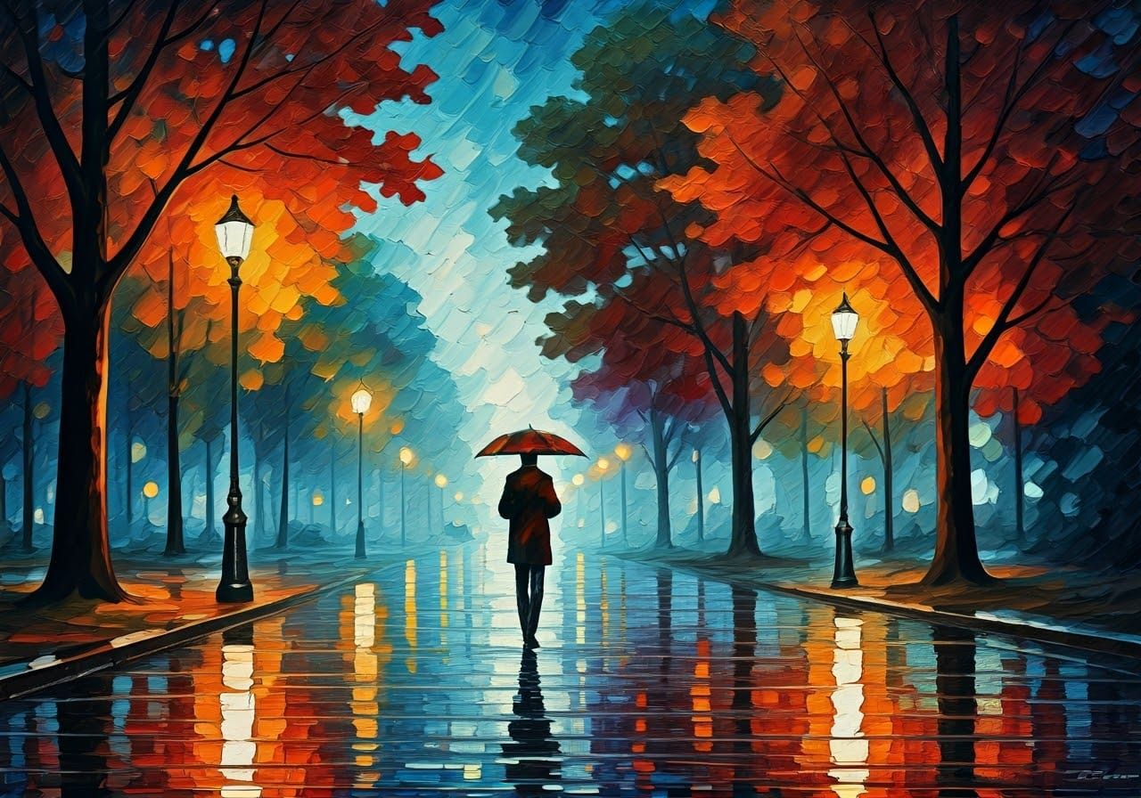 Vibrant Impressionist Painting of a Rainy Street