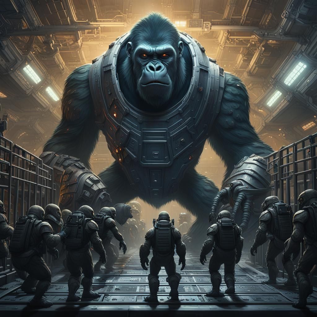 robot gorilla trying to escape from a prison on an alien spaceship while a bunch of aliens are trying to stop him