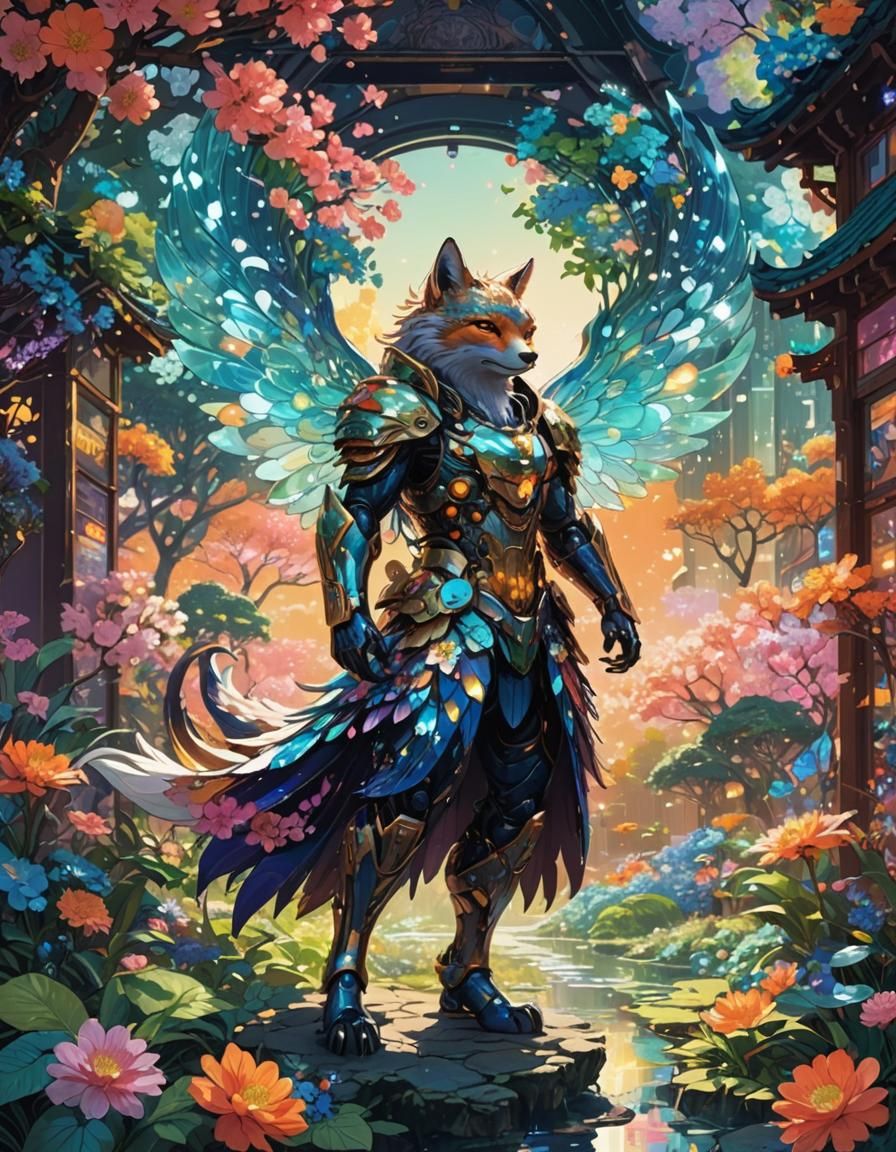 Winged Fox in Neon Garden: Anime Concept Art