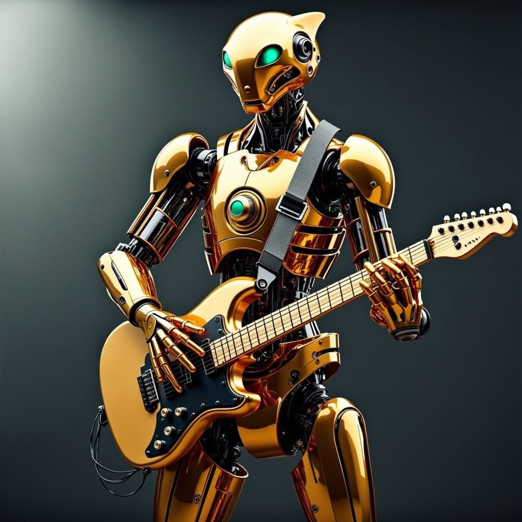Golden Robot Statue Rocking Out: Sci-Fi Fantasy