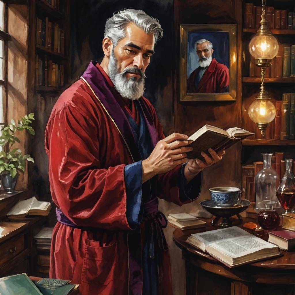 Handsome Scholar in Study, Vintage Alcohol Ink Art