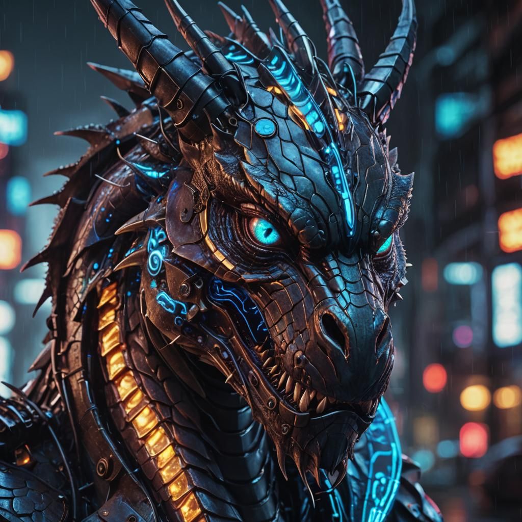 Cyberpunk Dragon Portrait with Neon Lights