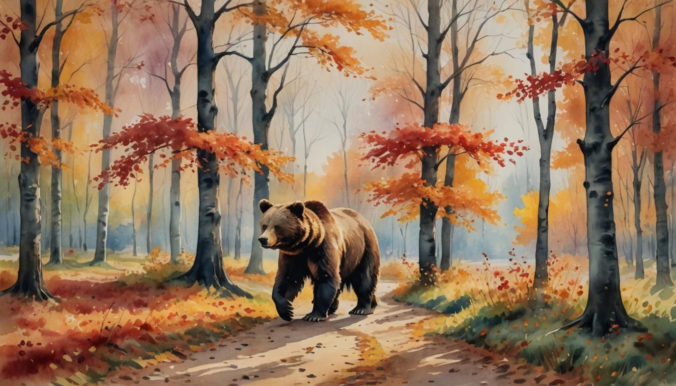 Bear Trekking Under Autumn Tree: Watercolor Painting