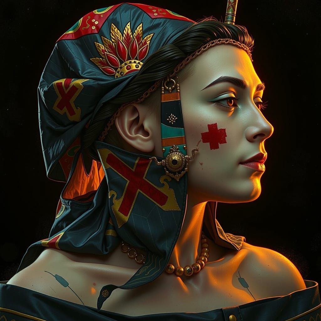 Red-Themed Tutankhamun, Harlequin, and Geisha Fusion