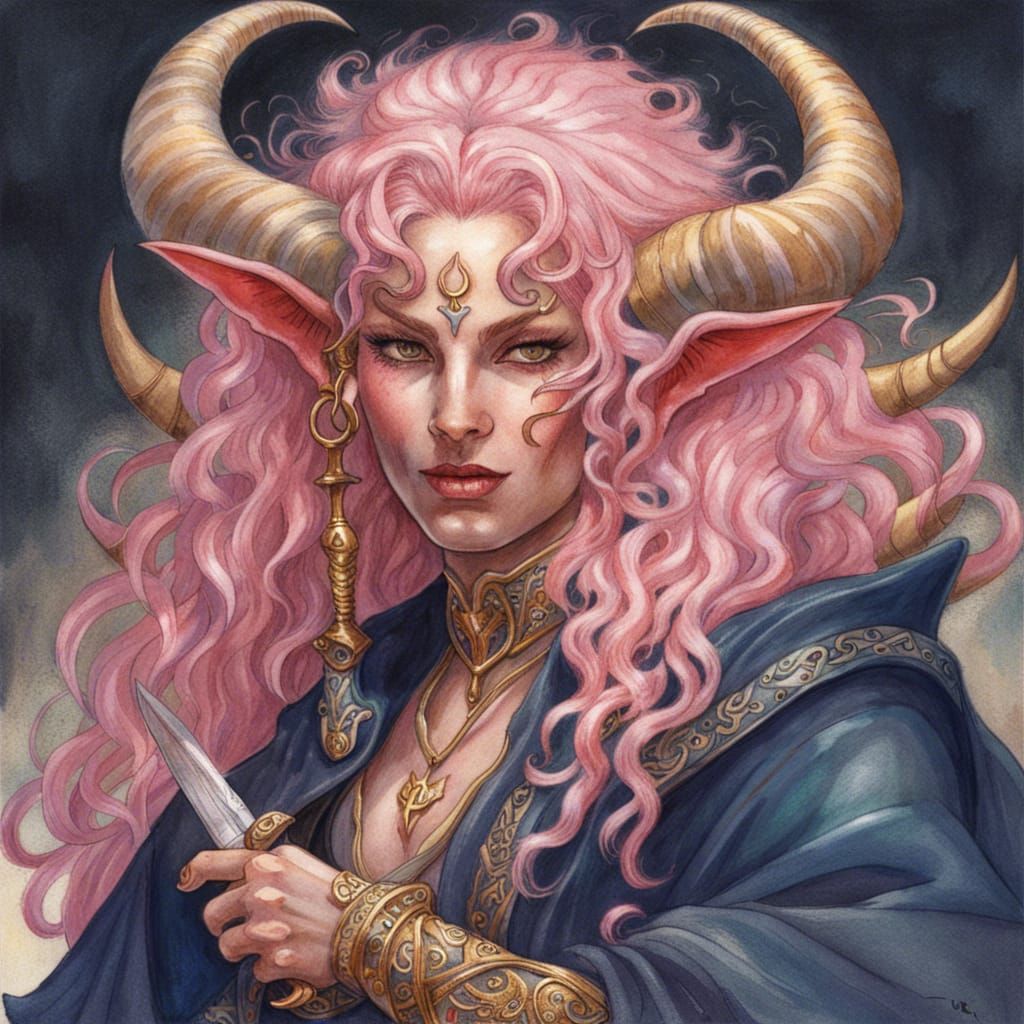 Tiefling Rogue with Pink Horns in Art Nouveau Style