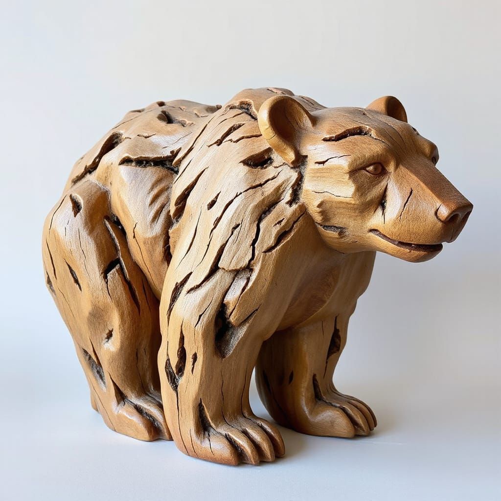 Intricately Carved Wooden Bear Sculpture