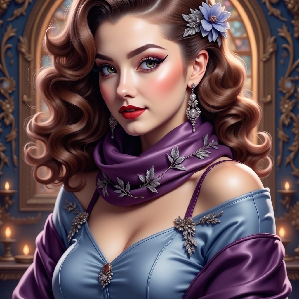Enchanting Woman with Plum Scarf in Fantasy Style