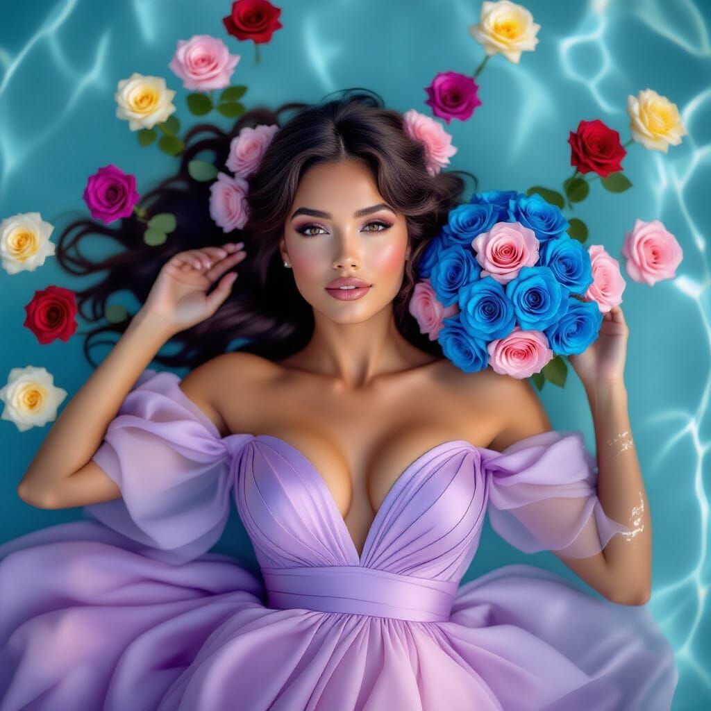 Ethereal Woman with Roses in Water, Pre-Raphaelite Style