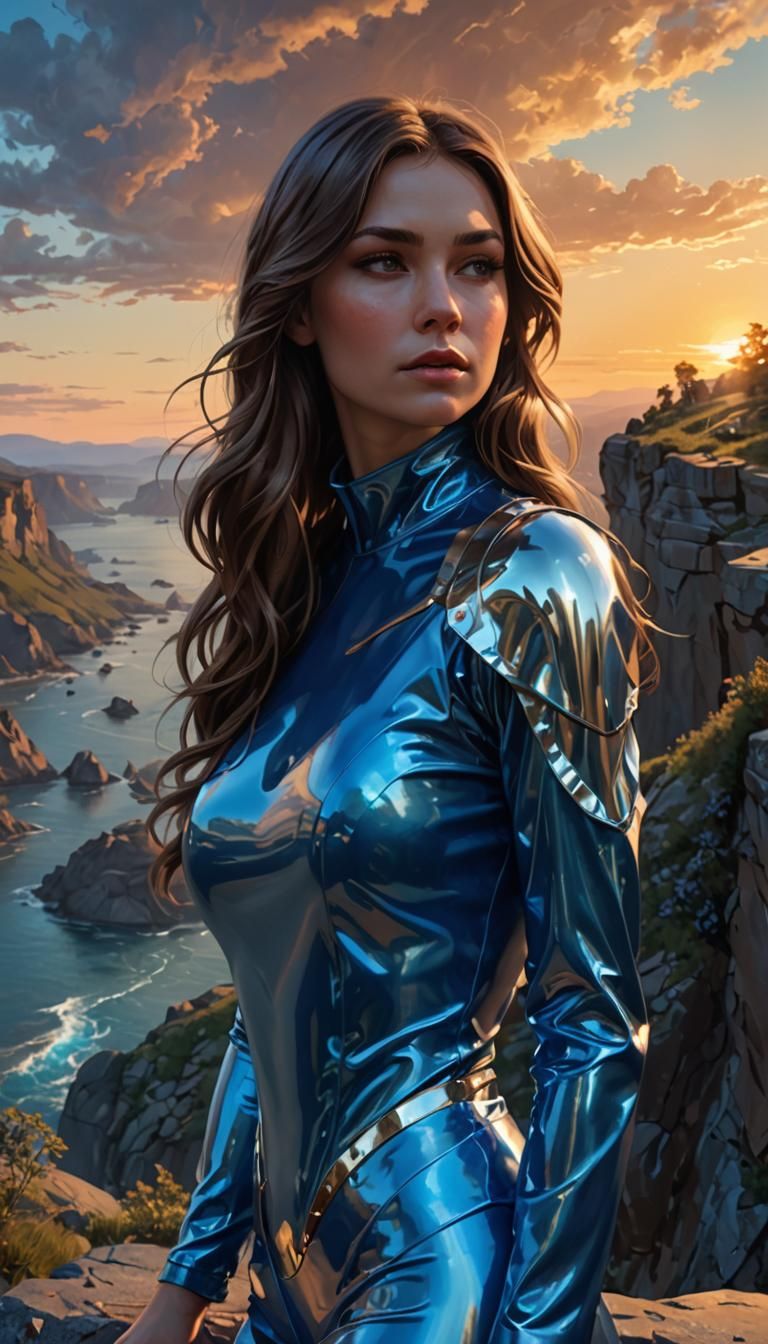 Woman in Blue Latex at Sunset, Detailed Portrait