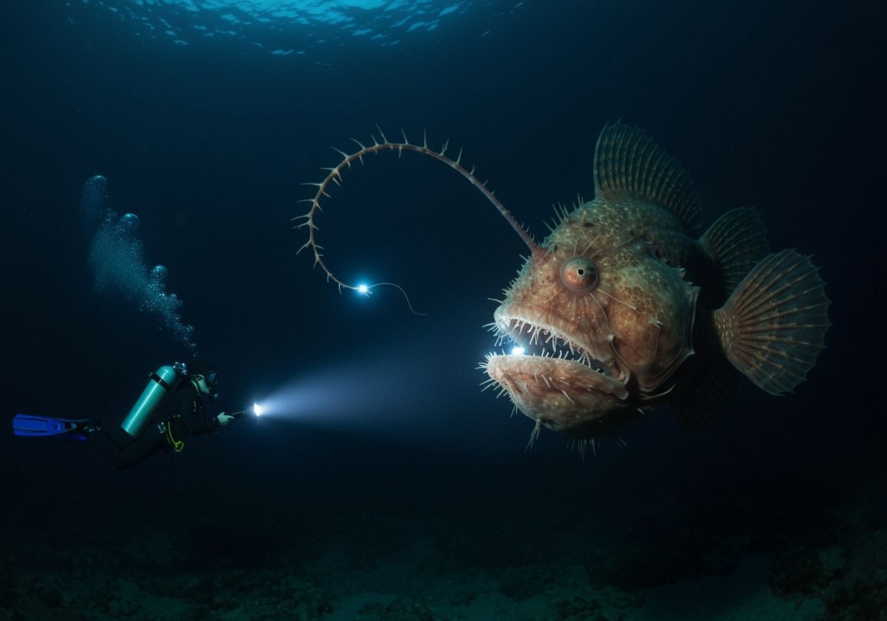 Diver Encounters Giant Anglerfish in Dark Ocean Depths