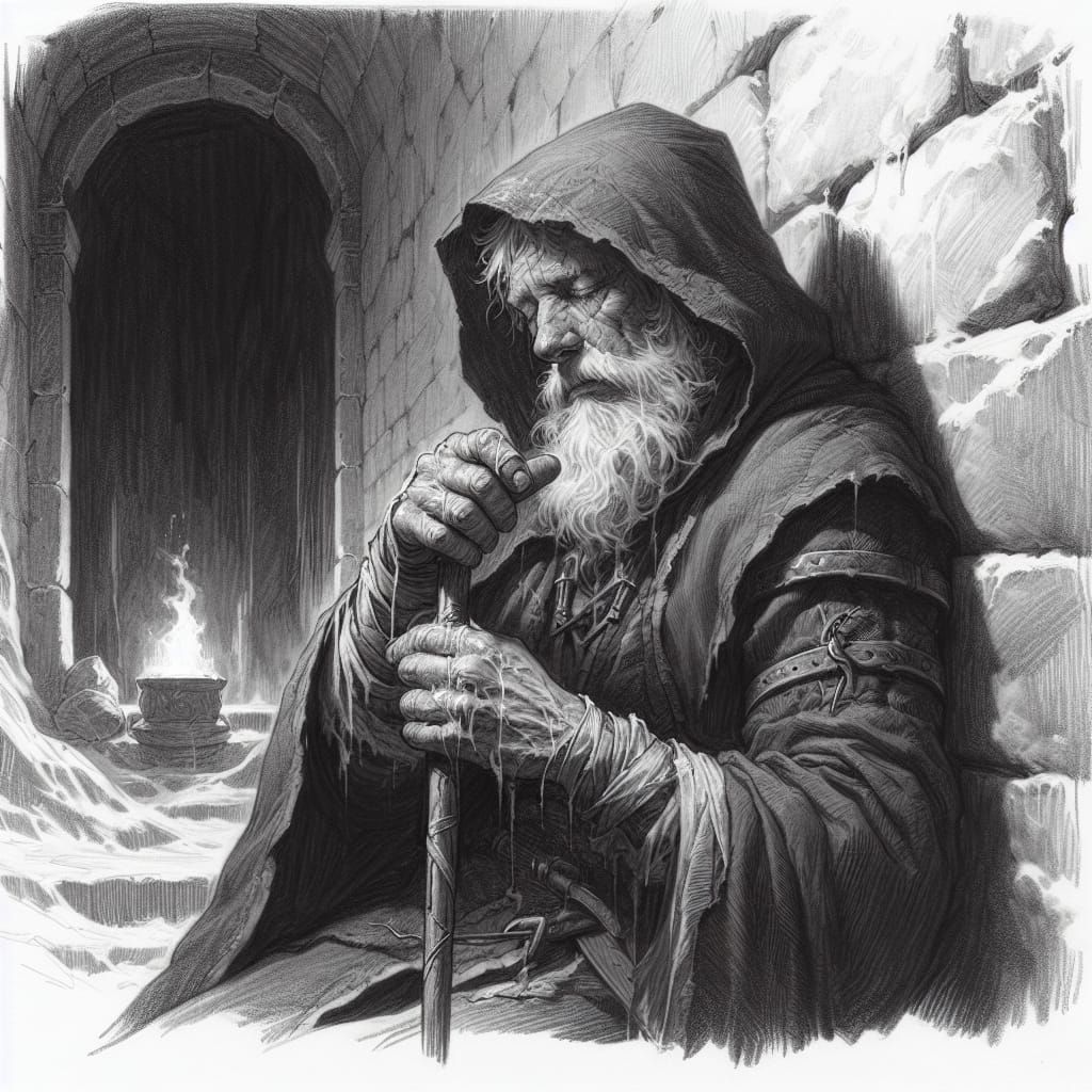 Monochromatic Pencil Sketch of Tired D&D Wizard