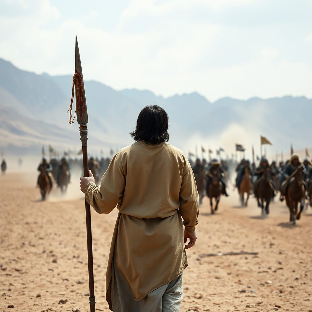 Epic Warrior Faces Charging Mongol Horde on Arid Plateau