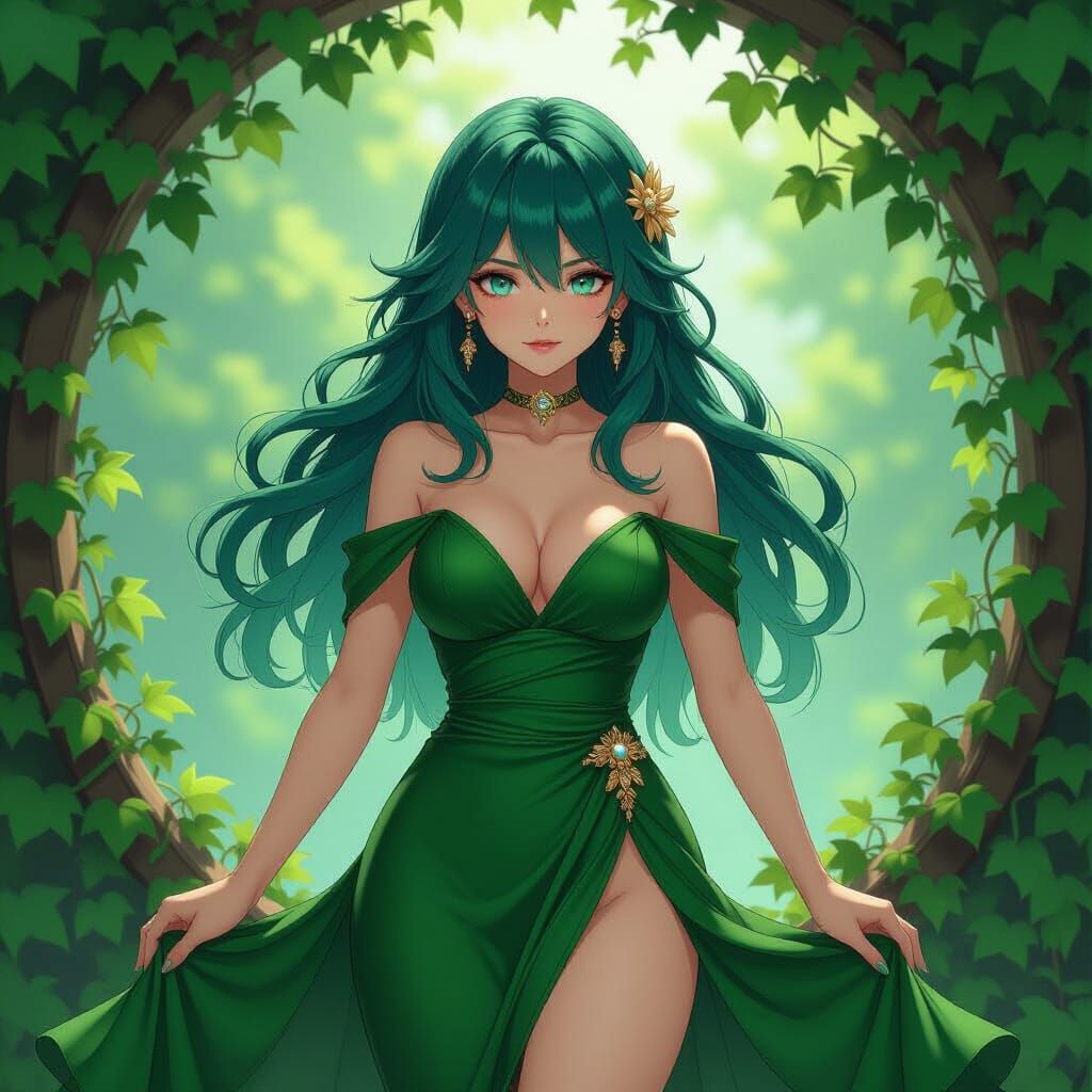 Green-Haired Woman in Anime Style with Ivy