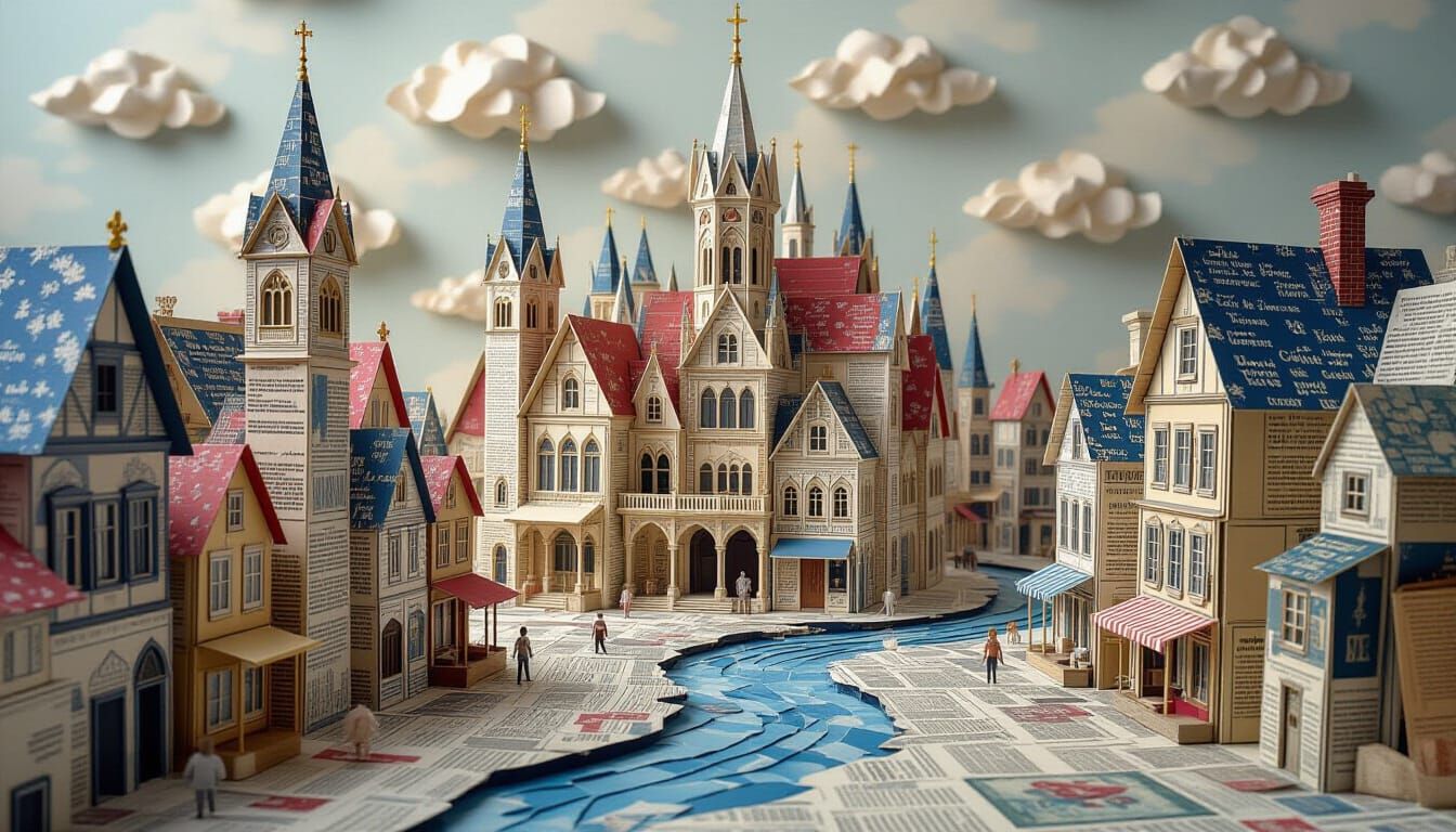 Gothic Paper Cityscape with Origami and Collage Elements