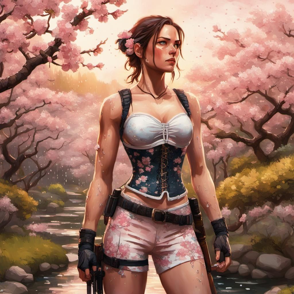 Lara Croft in Cherry Blossom Garden, Post-Impressionism