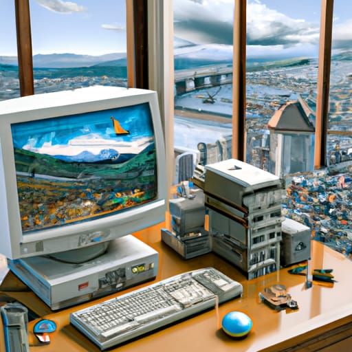 1995 Mac Computer Overlooking Japanese City