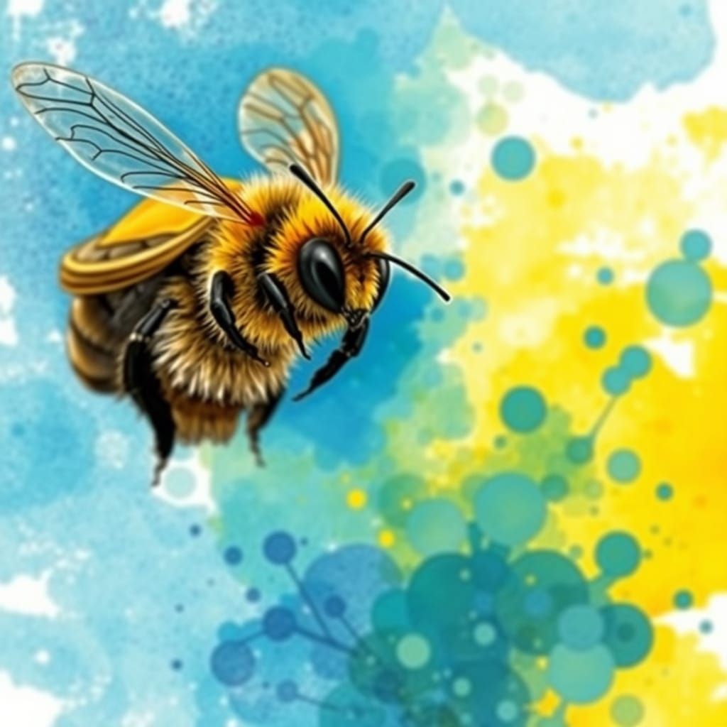Bee with Backpack Flies Through Watercolor Landscape