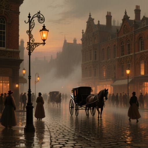 Victorian Town Square at Dusk in Painterly Digital Art Style